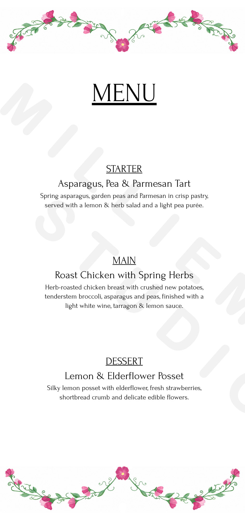 Sweetpeas menu